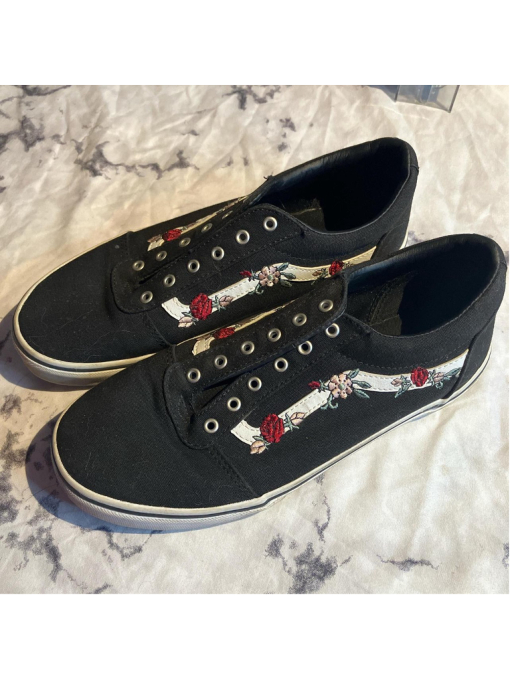 Black Vans trainers with floral embroidery, as is, no laces